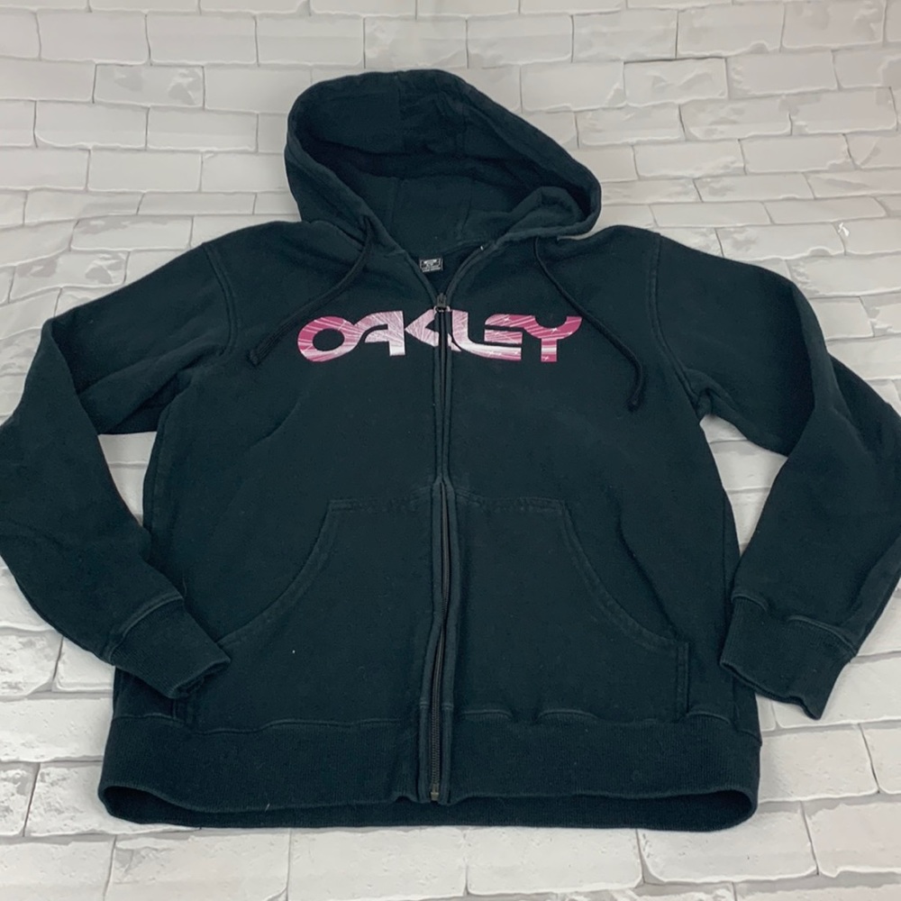 Oakley Zip up Hooded Sweatshirt Black Size small Pockets Purple logo